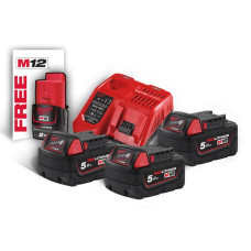 Енергокомплект акумуляторний Li-Ion MILWAUKEE, M18 NRG-503 (+заряд.пристрій, 3 акум. M18 В5(5Аг), 1 акум. M12 B2(2Аг) (4933451423)