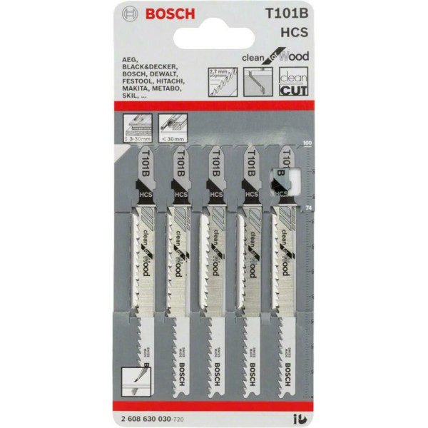 Пилка для лобзика Bosch по дереву T 101 B, 2,7×100 мм, 5 шт (2608630030)