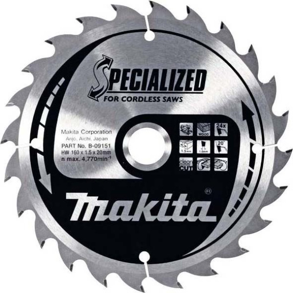 Диск пиляльний по деревині для акум. пил SPECIALIZED 160x20 мм 24T (B-09151)