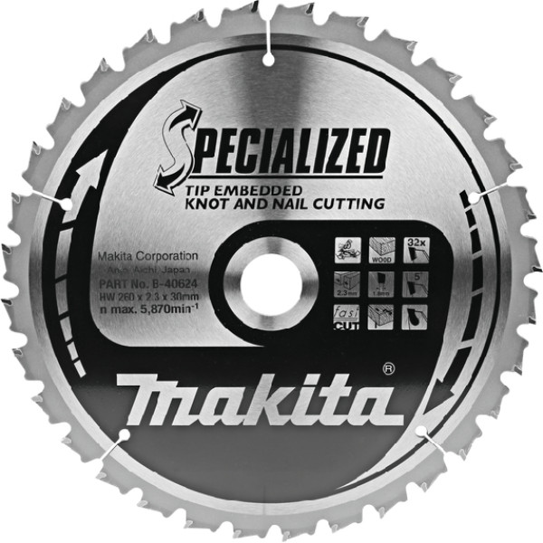 Диск пиляльний по деревині з цвяхами SPECIALIZED 260x30 мм 32T (B-40624)